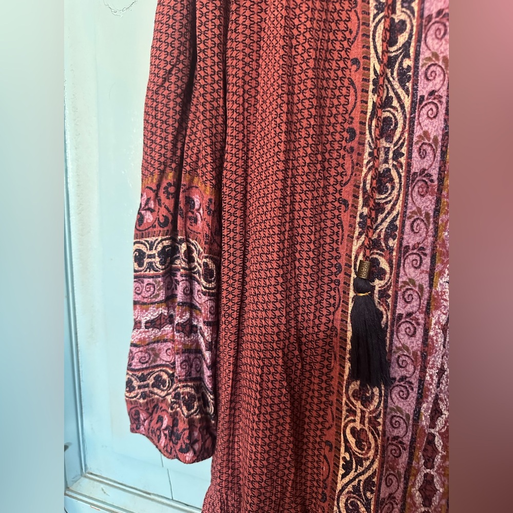 Knox Rose Burgundy Boho Lace-Up Long Sleeve Dress - Picture 3 of 7